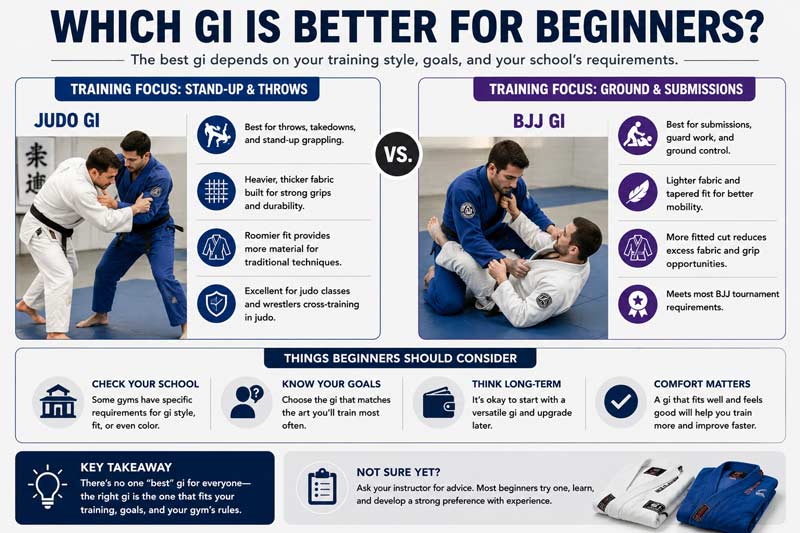 Infographic comparing judo and BJJ gis for beginners, showing differences in training focus, fit, comfort, and school requirements