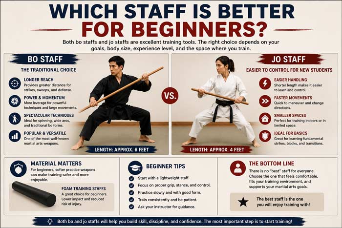 Infographic comparing bo staffs and jo staffs for beginners learning traditional martial arts weapons training