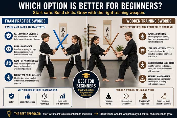 Infographic comparing foam practice swords and wooden training swords for beginners learning martial arts and sparring techniques