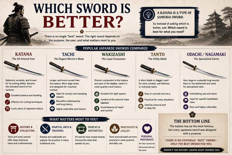 Infographic comparing Japanese sword types and explaining why the best samurai sword depends on history, training, collecting, and personal preference