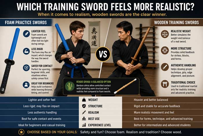 Infographic comparing how foam practice swords and wooden training swords differ in realism, balance, and handling for martial arts practice