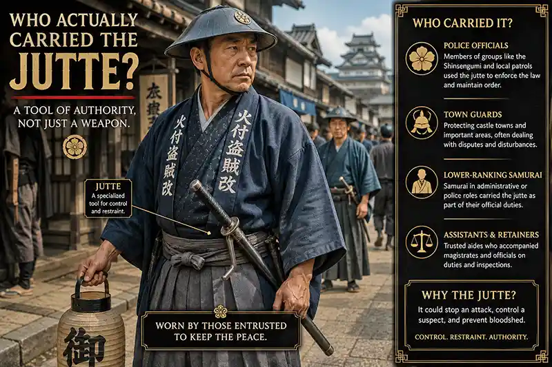 Edo-period Japanese officer carrying a jutte while patrolling a historic town street.