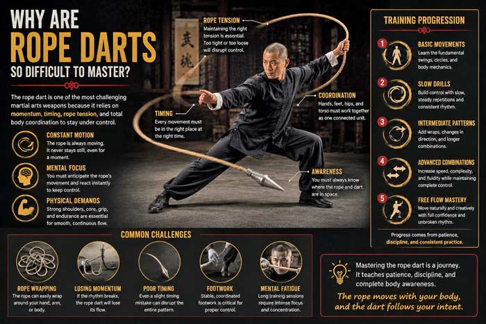 Infographic explaining why rope dart training is difficult, highlighting timing, coordination, rope tension, movement control, and advanced martial arts practice concepts