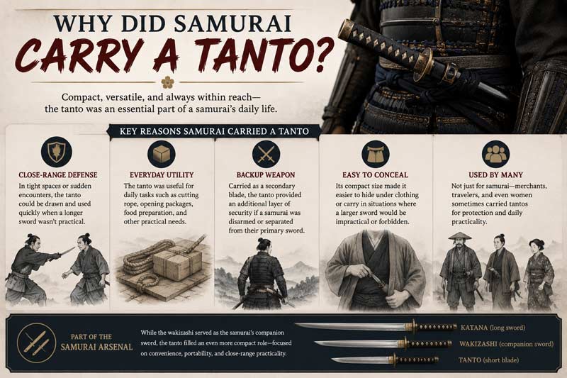 Infographic explaining why samurai carried a tanto, highlighting close-range defense, utility, concealment, backup weapon use, and differences from wakizashi and katana blades