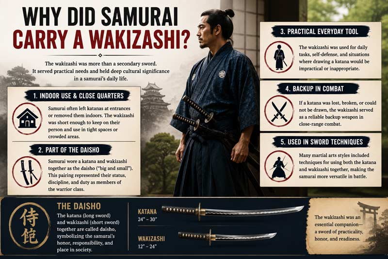 Infographic explaining why samurai carried a wakizashi, showing indoor use, daisho sword pairing, backup combat role, and everyday practicality in samurai culture