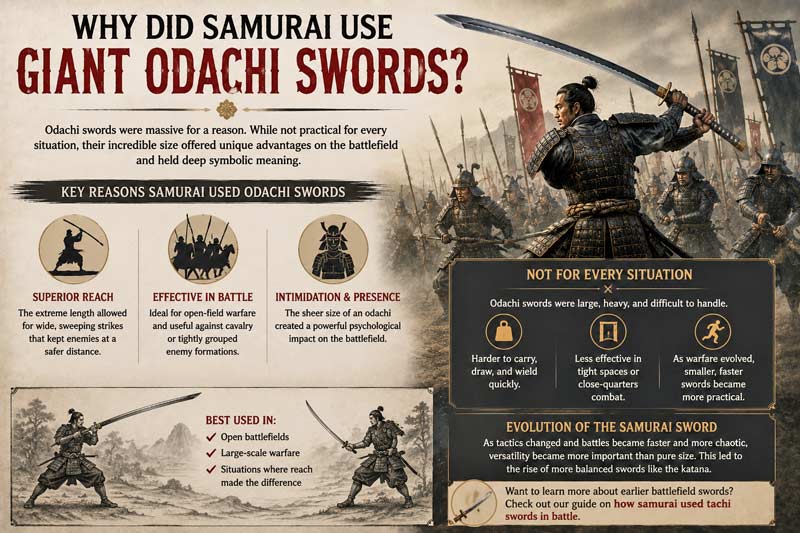 Infographic explaining why samurai used giant odachi swords, showing battlefield reach, combat advantages, intimidation factor, and the challenges of carrying and fighting with oversized samurai weapons