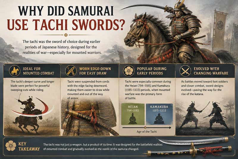Infographic explaining why samurai used tachi swords, showing mounted combat, edge-down carrying style, early samurai warfare, and how the tachi evolved into the katana over time