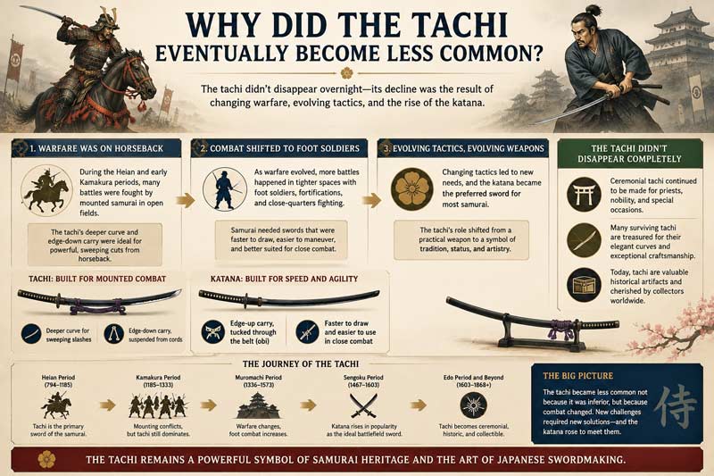Infographic explaining why the tachi became less common, showing the shift from mounted combat to foot warfare, the rise of the katana, and the tachi's continued ceremonial and historical significance
