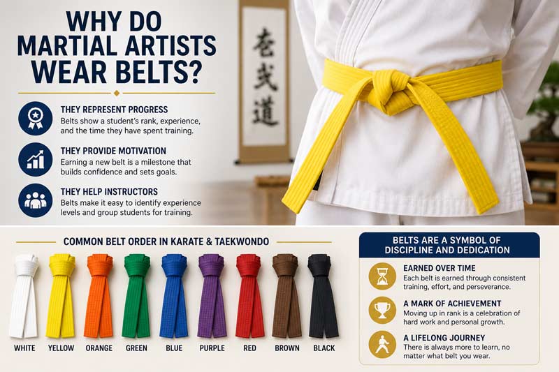 Infographic explaining why martial artists wear belts, featuring a yellow karate belt and common martial arts belt colors in order