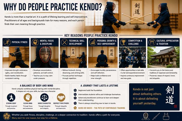 Infographic explaining why people practice kendo, featuring discipline, fitness, technical skill development, competition, and traditional Japanese martial arts culture