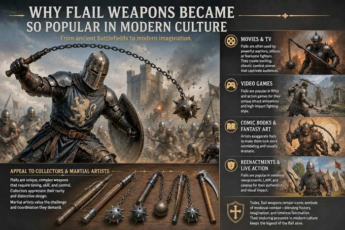 Infographic explaining why medieval flail weapons became popular in movies, games, fantasy art, and historical collections