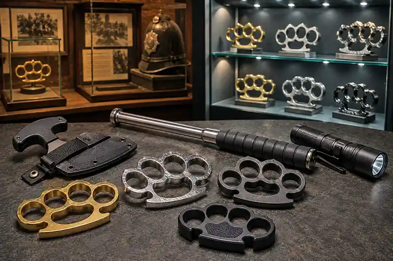 Modern and historical knuckle dusters displayed alongside other self-defense equipment.