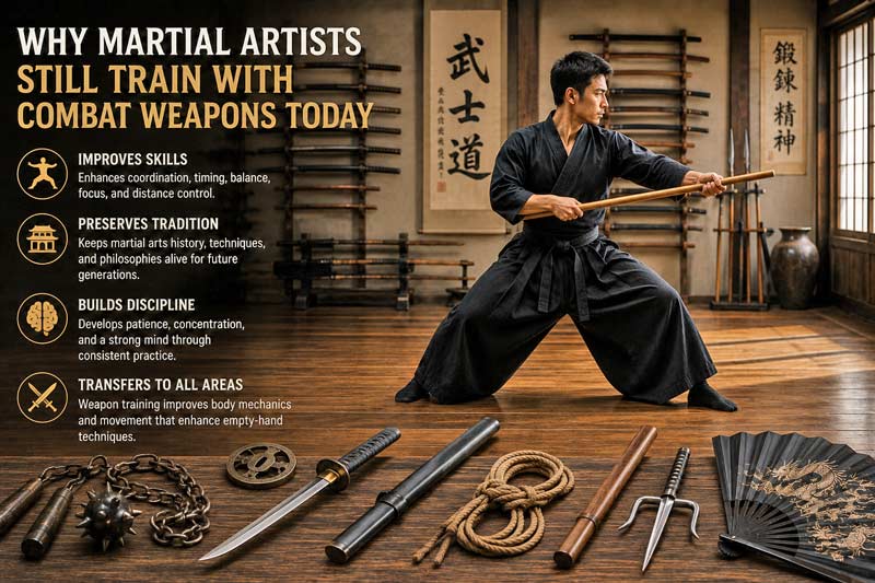 Martial artist training with traditional combat weapons in a dojo, highlighting discipline, coordination, and martial arts weapon practice