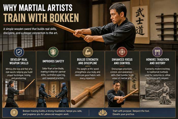 Martial artist training with a wooden bokken in a dojo with key benefits of bokken practice displayed