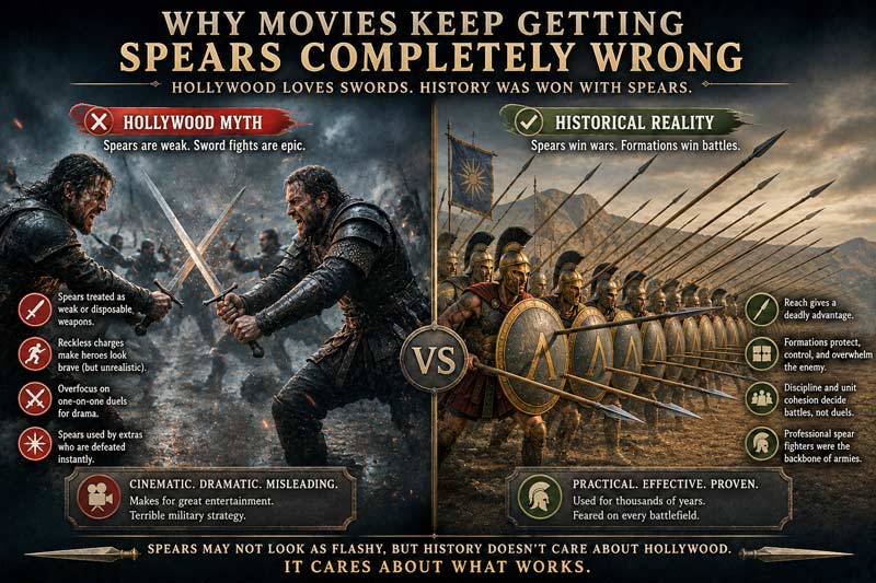 Myth vs reality infographic comparing Hollywood sword fights to historical spear formations in battle