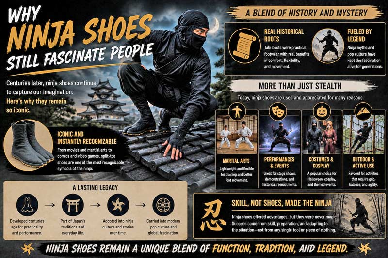 Infographic explaining why ninja shoes still fascinate people and their connection to ninja history, culture, and modern use.