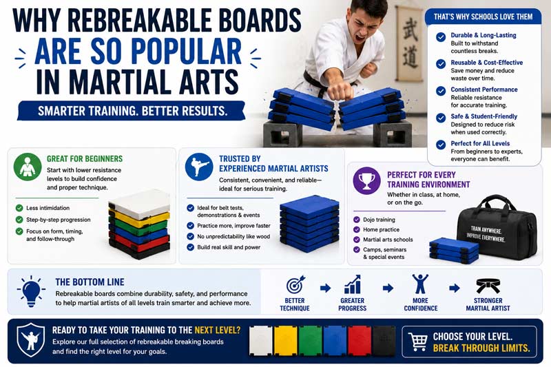 Infographic explaining why rebreakable boards are popular in martial arts, highlighting durability, reusability, beginner-friendly training, and consistent breaking practice