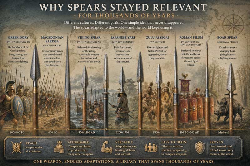 Timeline infographic showing different spear types used throughout history across civilizations