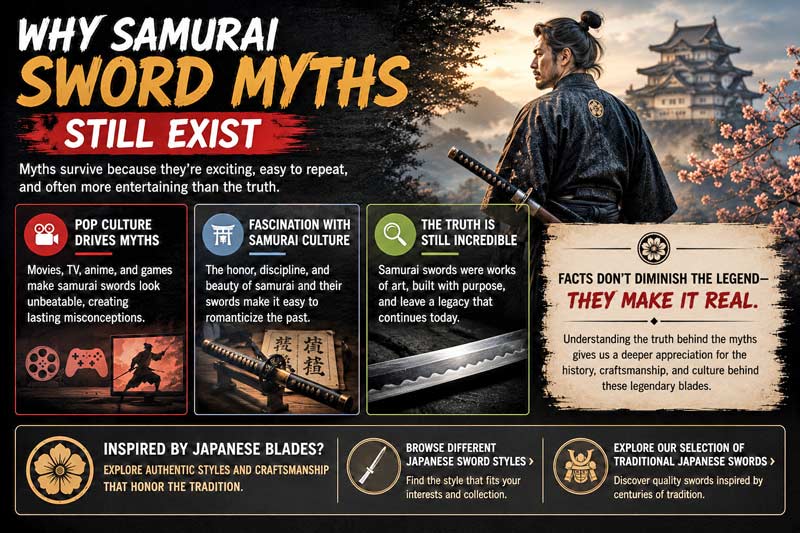 Infographic explaining why myths about samurai swords still exist in pop culture.