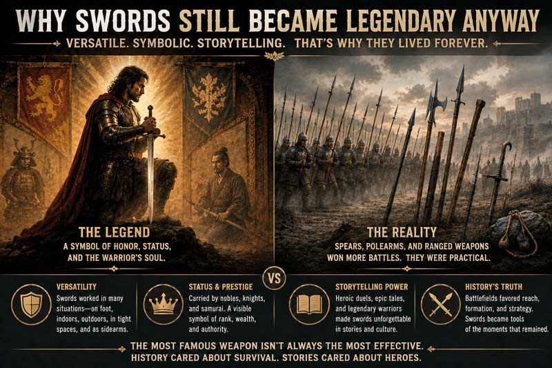 Split-scene image showing a legendary sword symbol contrasted with battlefield weapons like spears and polearms used in real warfare