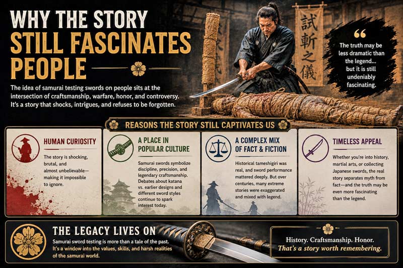 Infographic explaining why the story of samurai testing swords on people still fascinates history fans and collectors.