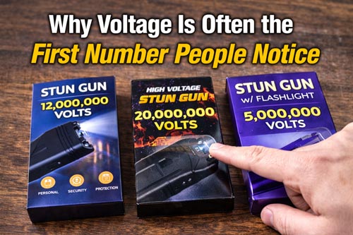 Stun gun packages with high voltage display