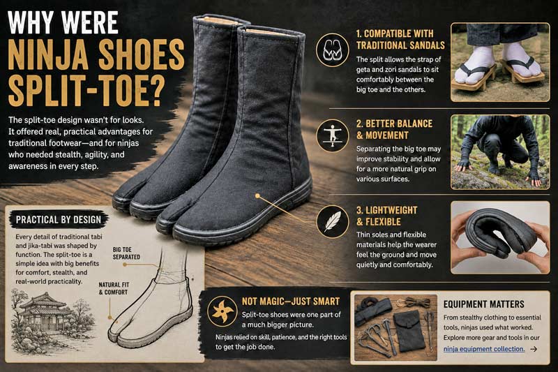 Infographic explaining why ninja shoes had split toes and how tabi boots helped with balance, flexibility, and movement.