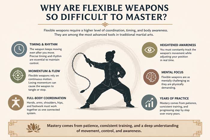 Infographic explaining why flexible martial arts weapons are difficult to master, highlighting timing, coordination, rhythm, and mental focus