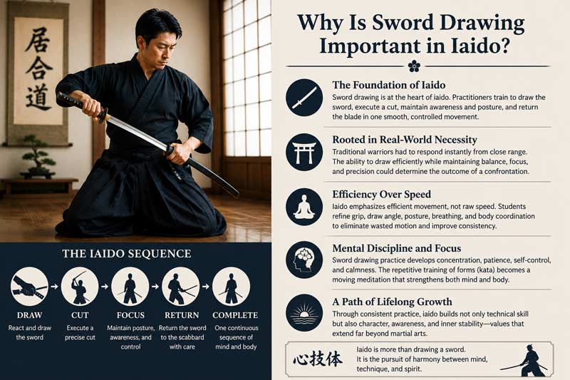 Infographic explaining why sword drawing is important in iaido, featuring traditional Japanese sword techniques, solo forms practice, and disciplined dojo training
