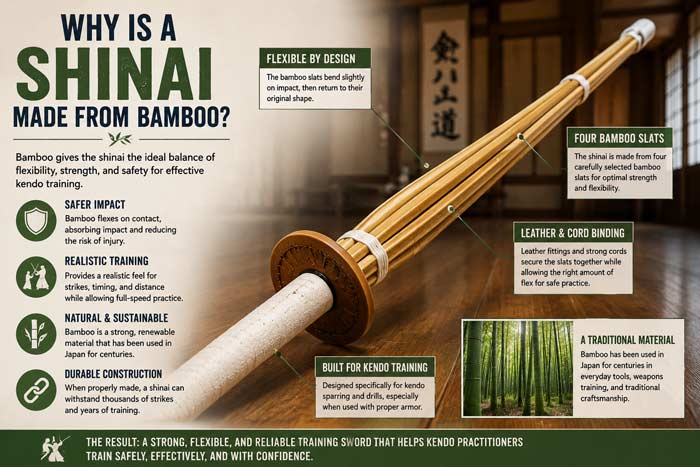 Infographic explaining why shinai training swords are made from bamboo, highlighting flexibility, safety, durability, and traditional kendo construction