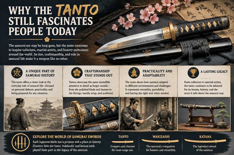 Infographic explaining why the tanto still fascinates people today, highlighting samurai history, craftsmanship, practicality, collector interest, and differences from wakizashi and katana blades