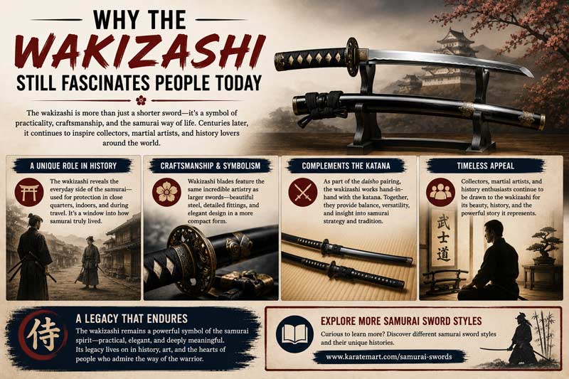 Infographic explaining why the wakizashi still fascinates people today, highlighting samurai history, craftsmanship, daisho pairing, and modern collector interest