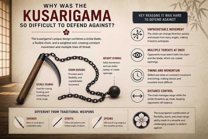 Infographic explaining why the traditional Japanese kusarigama was difficult to defend against, featuring labeled weapon parts and educational diagrams