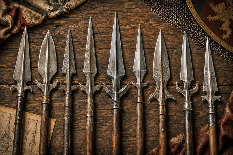 Medieval spearheads on a rustic table