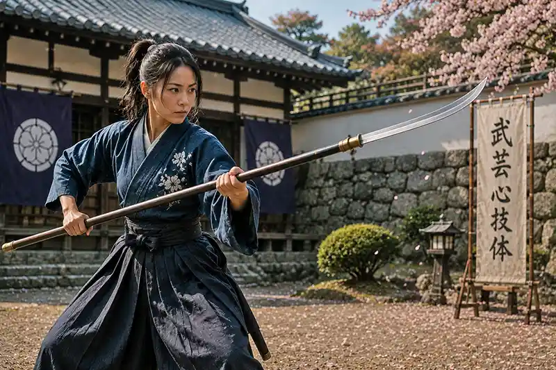 Female samurai practicing with a traditional naginata in a Japanese castle courtyard.