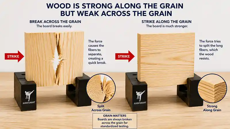 Wood grain direction affecting how easily a breaking board fractures