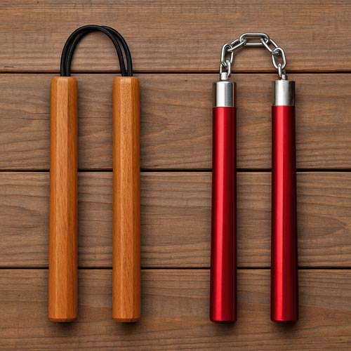 A pair of wooden training nunchucks and a pair of red performance nunchucks displayed side by side on a wooden surface.
