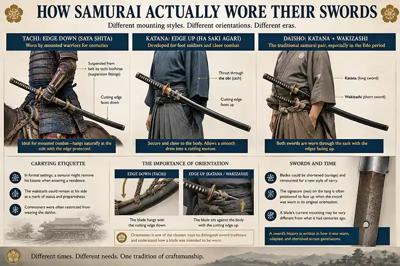 Samurai sword carry showing tachi edge-down, katana edge-up, and daisho pairing