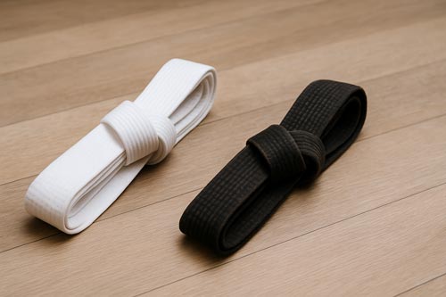 A single worn black belt resting beside a bright white belt
