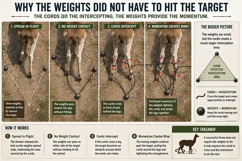 Bolas cords intercepting an animals legs while the weights pass around them