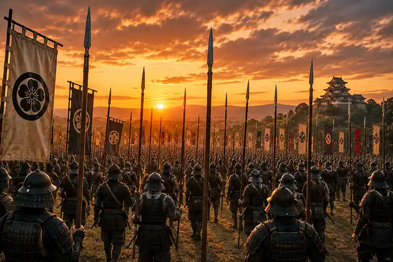 Sunset silhouette of a samurai army carrying upright yari spears across a battlefield in feudal Japan.