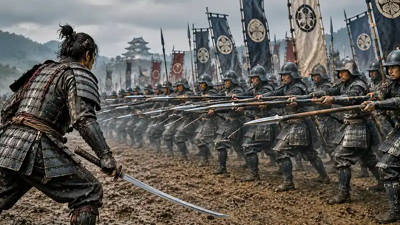 Lone samurai confronting a disciplined wall of yari-wielding ashigaru on a medieval Japanese battlefield.