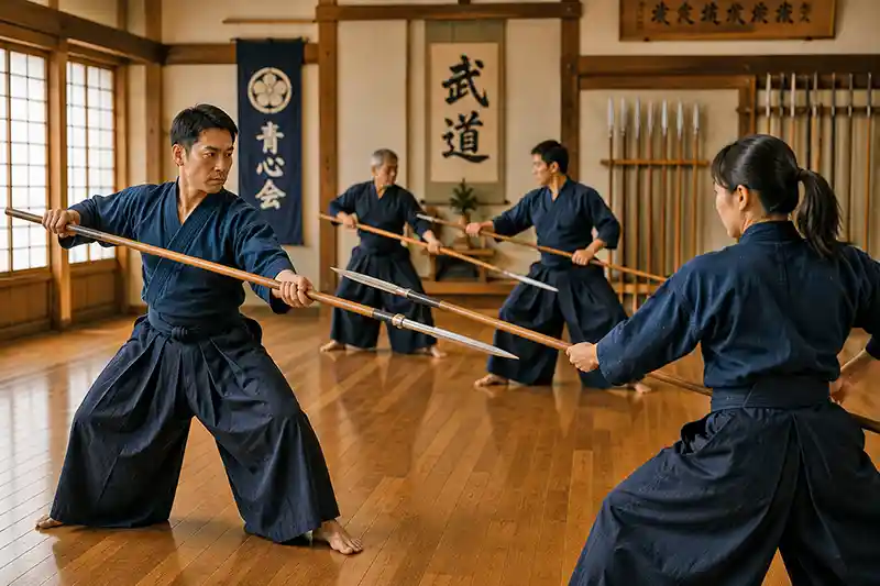 Martial artists practicing yari spear techniques inside a traditional Japanese dojo.