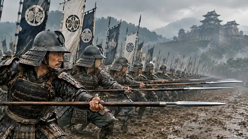 Disciplined formation of samurai and ashigaru advancing with yari spears across a medieval Japanese battlefield.