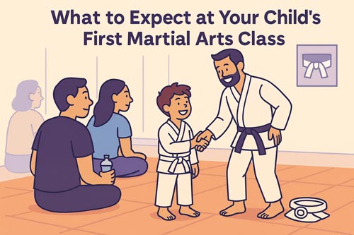 Instructor greeting a child during their first martial arts class while parents watch.