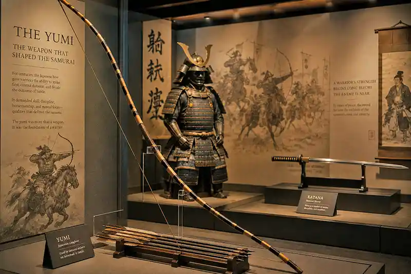 Museum display featuring a traditional yumi bow, samurai armor, arrows, and a katana illustrating the evolution of Japan's iconic weapons.